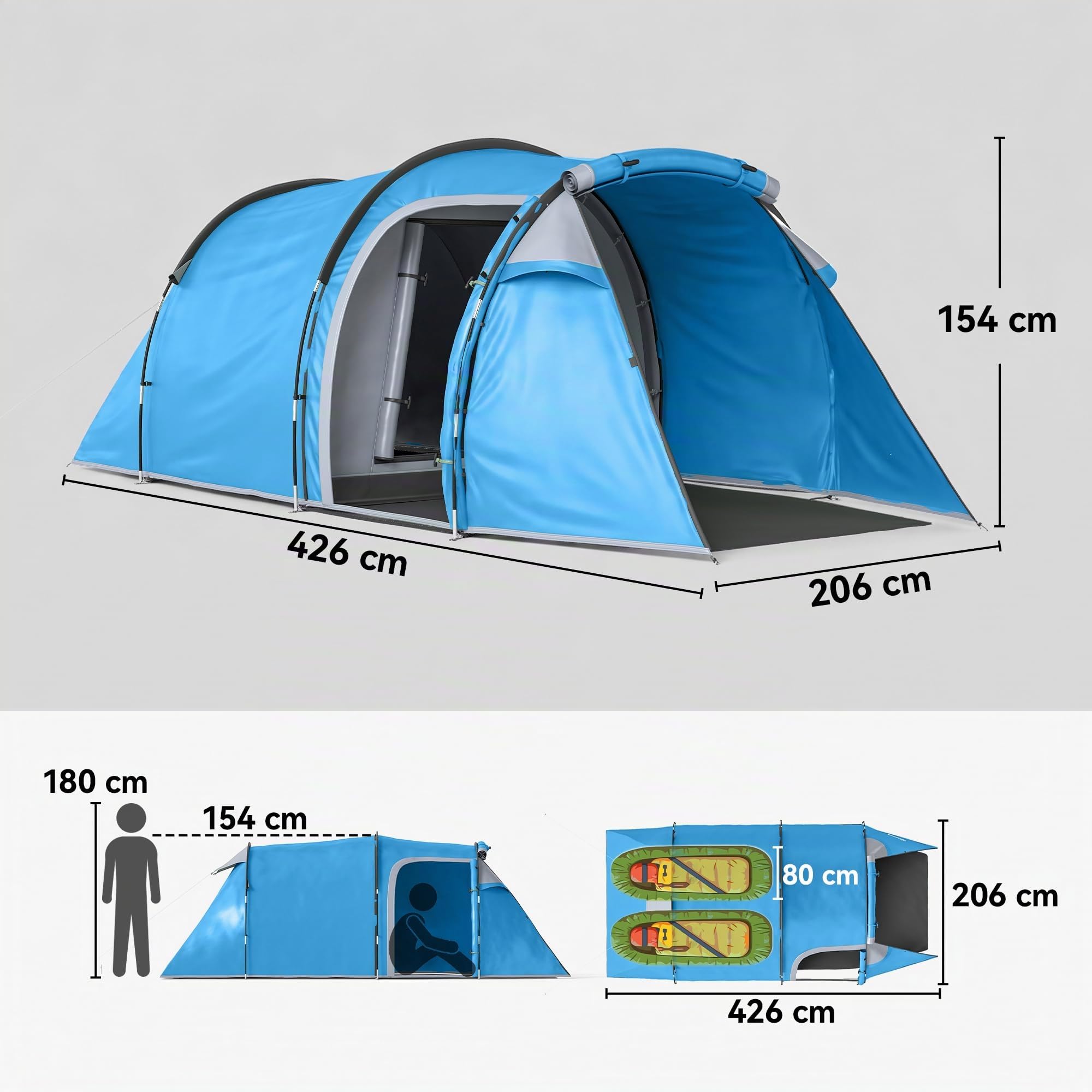 Outsunny Tunnelzelt für 2-3 Personen, Campingzelt mit Vorraum Lampenhaken 2000mm Wassersäule, Wasserdicht Familienzelt, Gruppenzelt für Camping Reise Trekking Garten