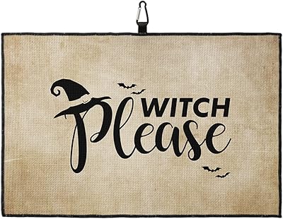 OComster Please Witch Bats Happy Halloween Golf Towel with Carabiner Clip, Retro Brown Microfiber Waffle Pattern Golf Towel, Golf Accessories for Cleaning Clubs and Balls, 24x16 in