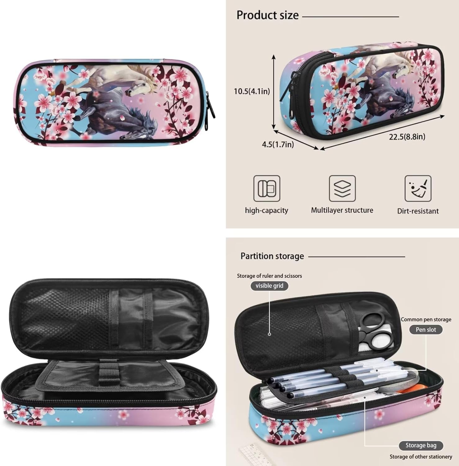 COEQINE Girls Backpack With Lunch Box Cherry Blossom Horse School Bag Set with Large Pencil Case Book Bag Front Zipper Pocket Lunch Box Strap Replacement For Teen Back School-Gifts