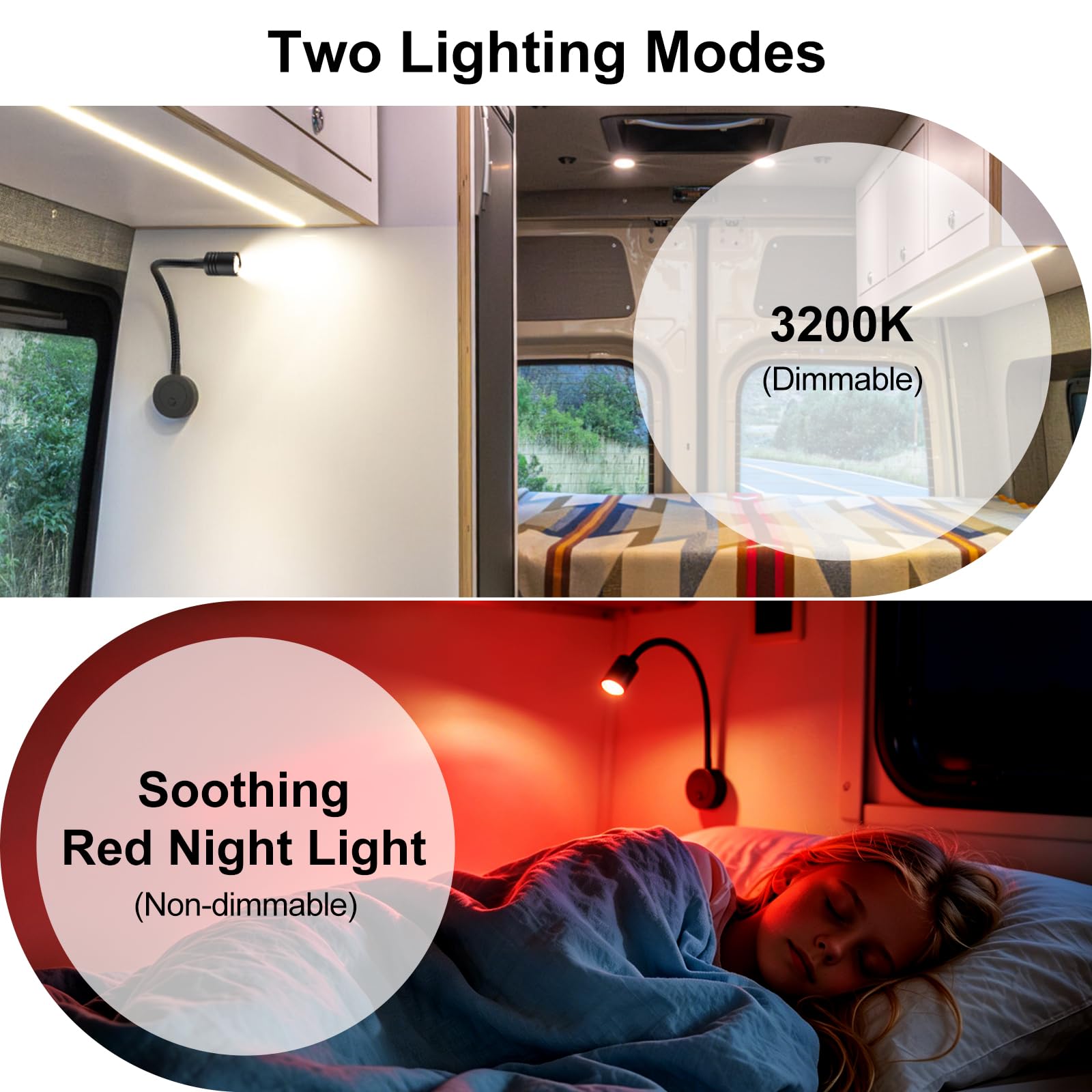 Lampade da Lettura Camper LED 12V, 3200K (Dimmabile) e Luce Notturna Rossa Soffusa, Dotato di Caricabatterie USB-C, per Barca Furgone Rimorchio Cabina, Flessibile Collo di Cigno (2 pezzi)