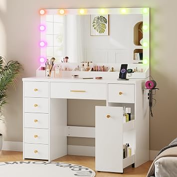 LAKEMID White Vanity Desk with Mirror and Lights, Makeup Vanity Table with Outlet and 8 Drawers,Makeup Desk with RGB Led Lights,Dressing Table for Bedroom Women