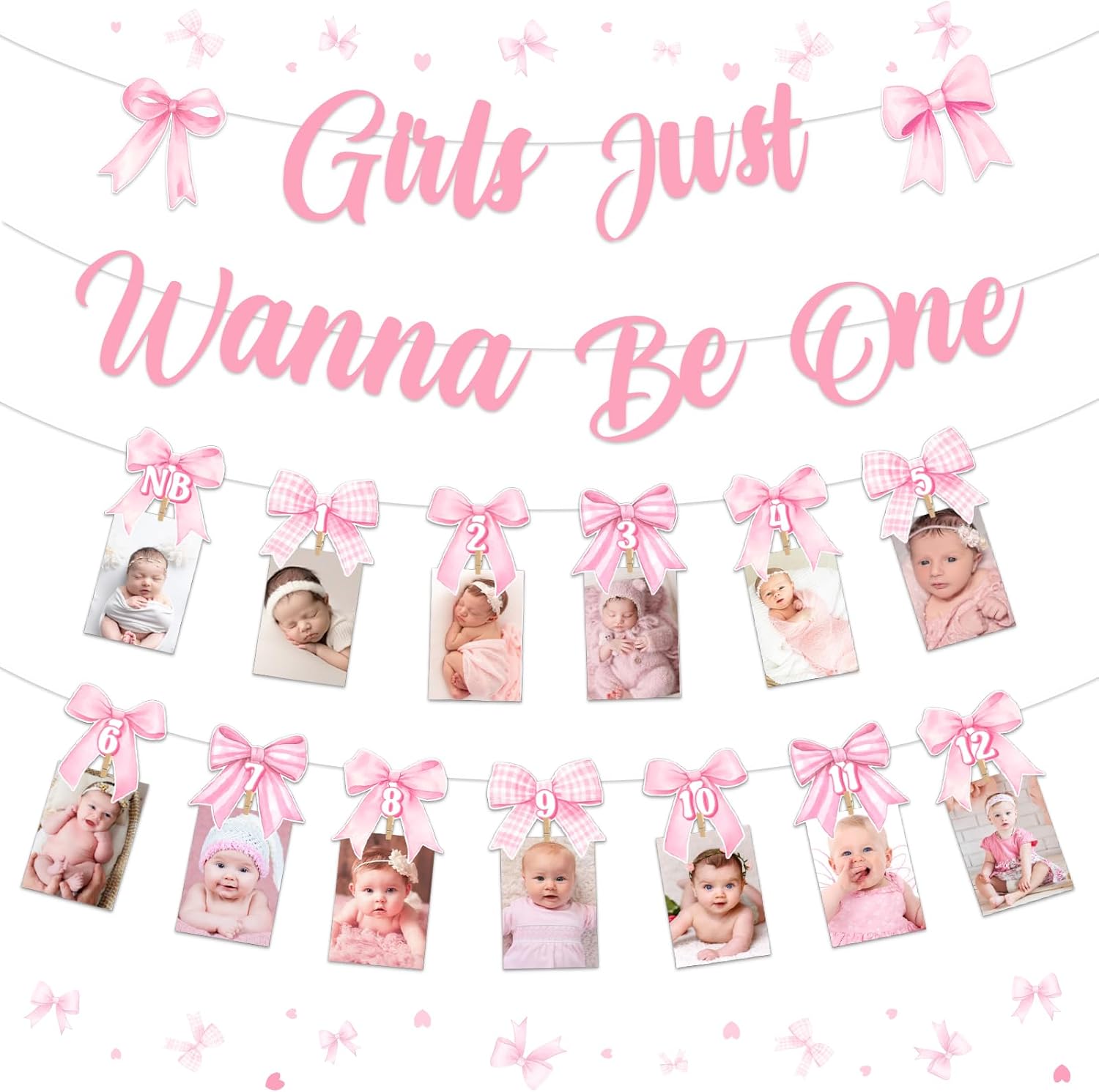 Pink Bow 1st Birthday Decorations Girls Just Wanna Be One Banner Monthly NB to 12 Month Photo Banner with Adhesive Clips for Bow Tie First Birthday Party Decoration