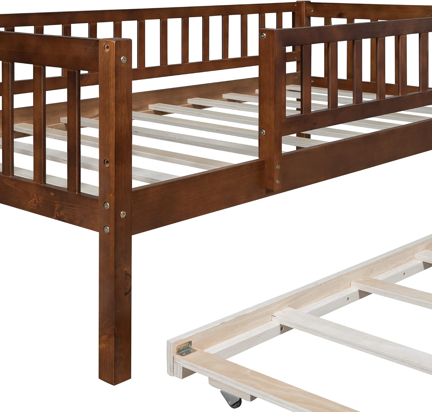 Close-up of daybed legs and trundle wheels