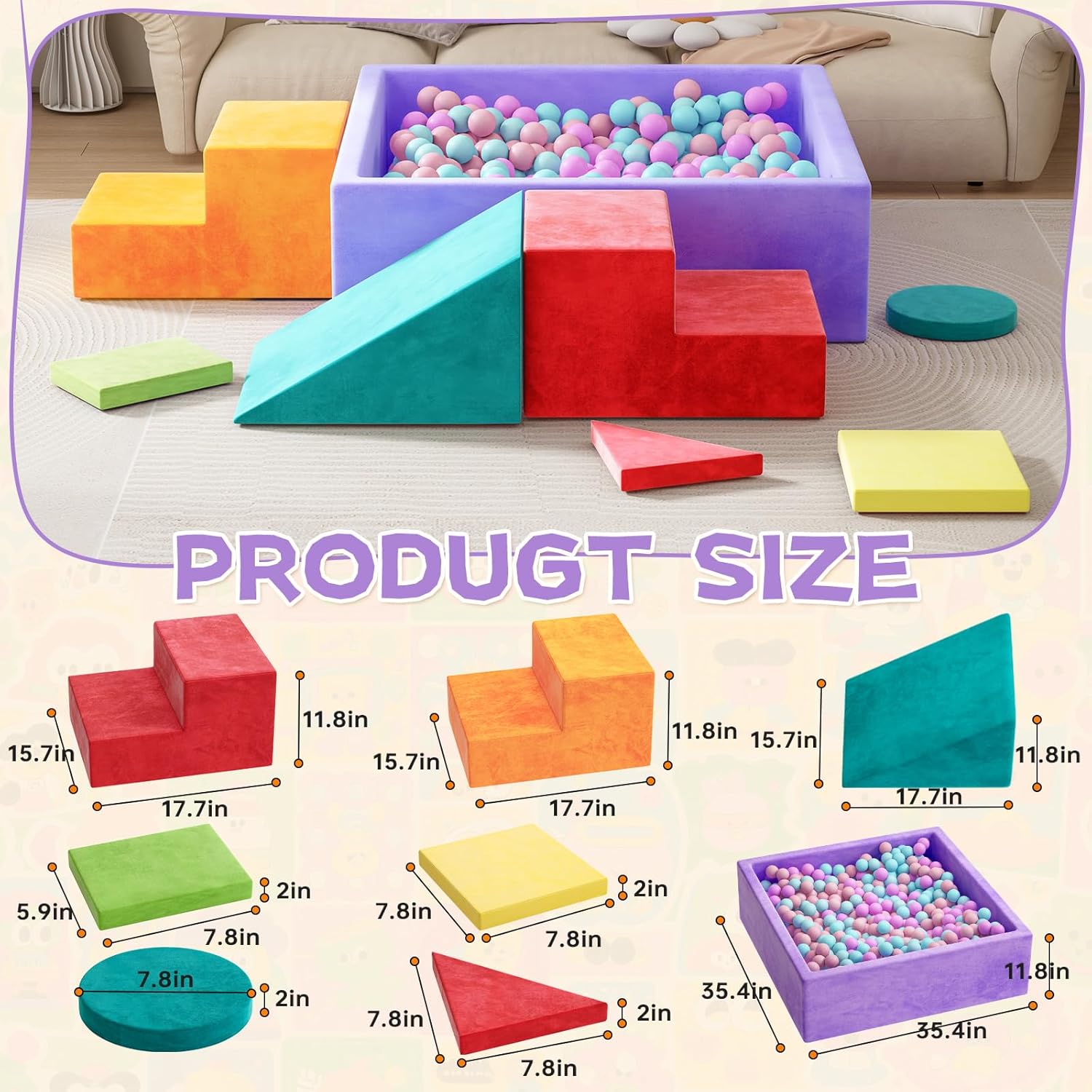 8-Piece Foam Climbing Blocks with Ball Pit for Toddlers 1-3, Soft Play Toddler Climbing Toys Indoor, Indoor Foam Blocks for Toddlers 1-3 Inside with Square Ball Pit, Steps, Triangle Ramp, Shape Mats B