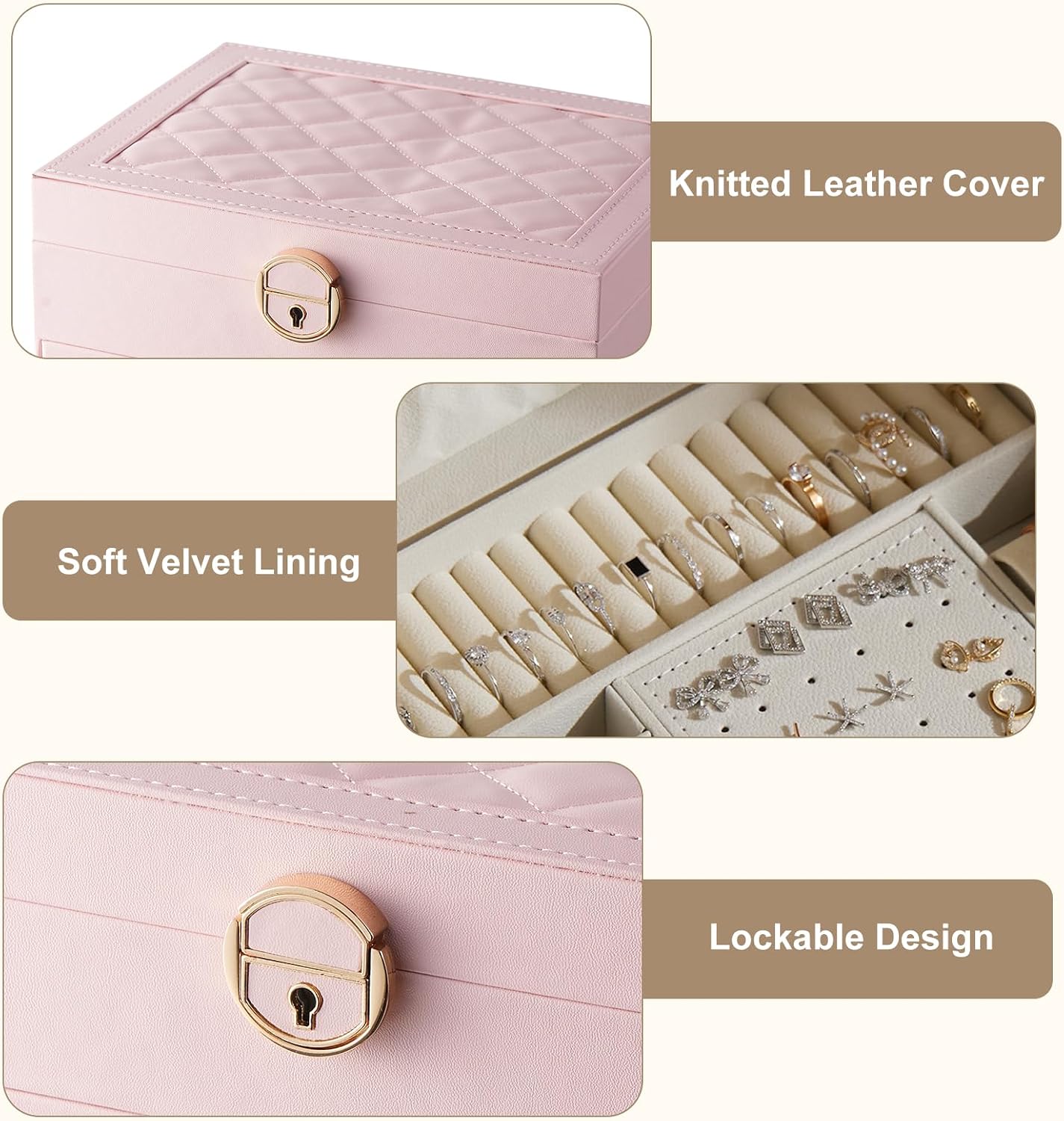 3 Layer Jewelry Box with Lock, Women Large Jewelry Holder Organizer with Drawer for Necklaces, Rings, Bracelets, Earrings, Watches, Valentines Gift for Mom Girl Wife,(Pink)