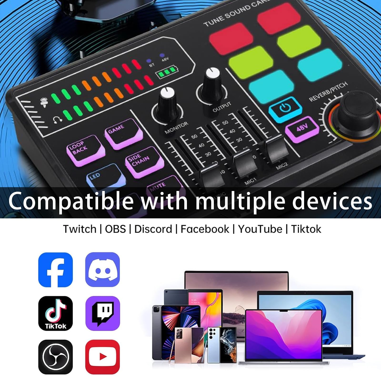 Mischpult, Gaming Audio Mixer Gaming Sachen RGB Soundkarte Audio-Interface mit Bluetooth Stimmverzerrer Funktion für PC/Phone/Gamer Creators/Live/YouTube/Individuelle Steuerung/Podcast