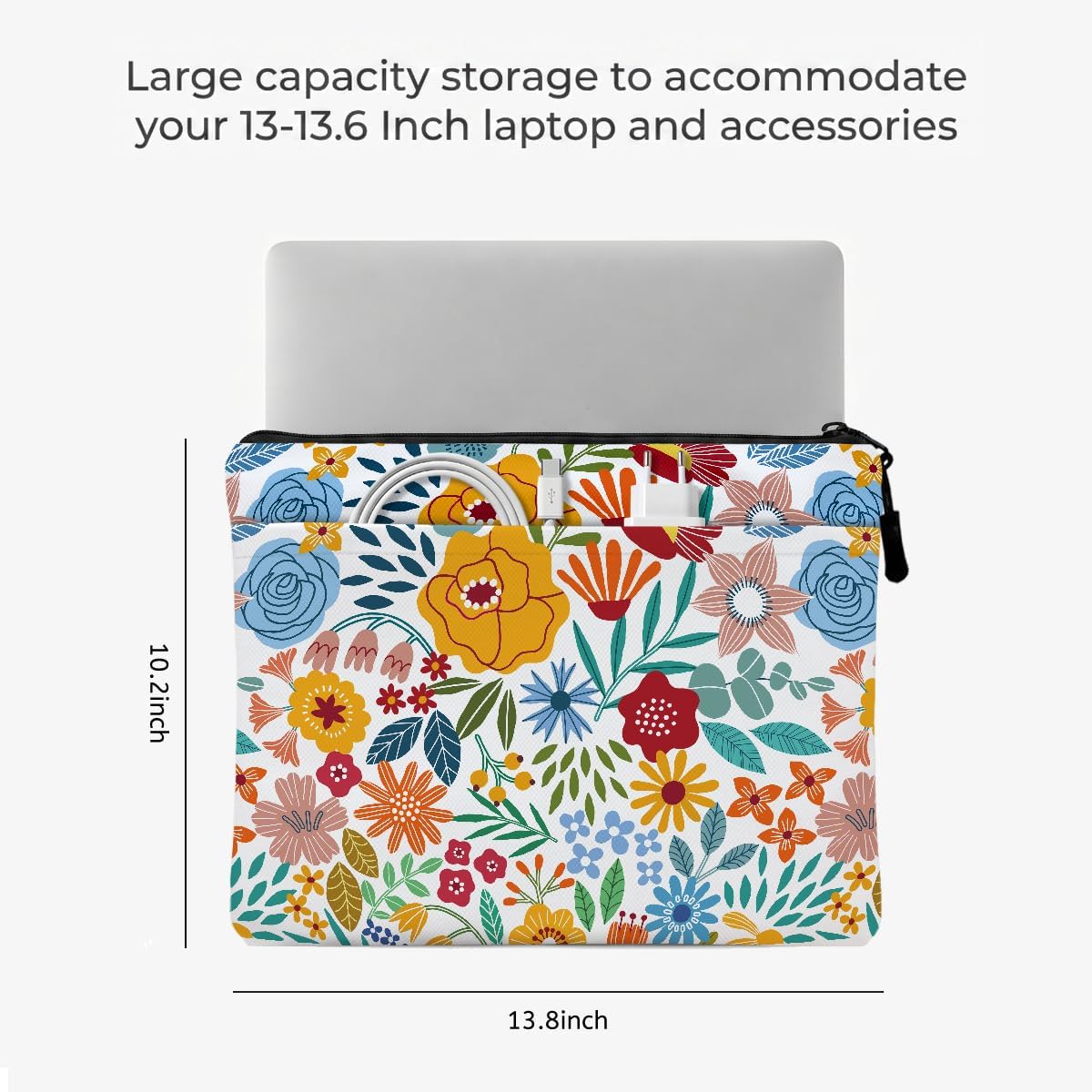 13.3 inch Laptop Case, Folk Art Floral Print Laptop Sleeve, Soft Velvet Computer Sleeve with Pocket, Compatible with 13-13.3 Slim Laptops, Cottagecore Botanical Notebook Cover Bag for Women Friendship image 2