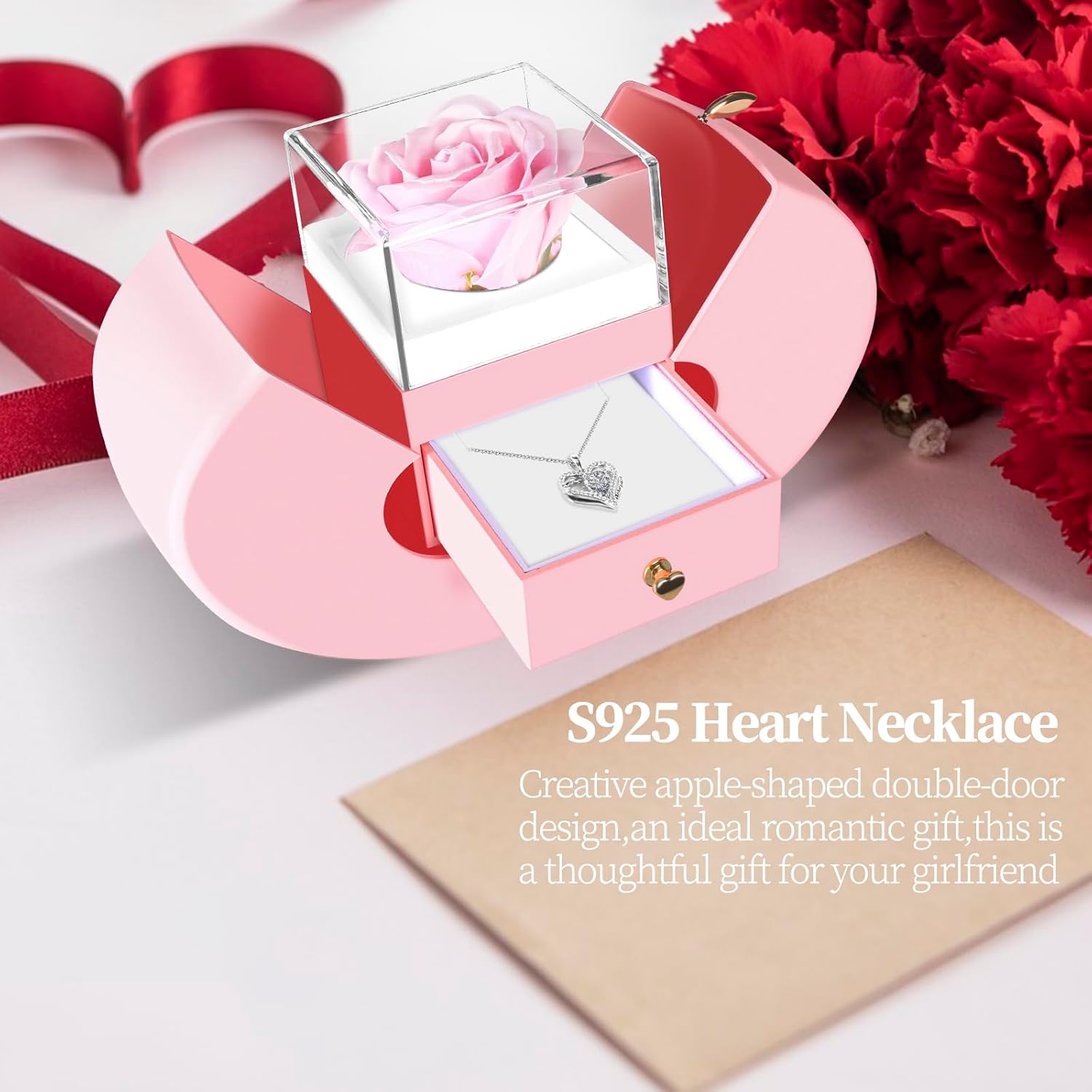 Preserved Real Pink Rose with S925 Sterling Silver Necklace, Gifts for Girlfriend, Women,Wife, Mom,Grandma on Christmas, Valentine's Day, Mother's Day, Birthday, Anniversary, Thanksgiving (Pink) - Image 5