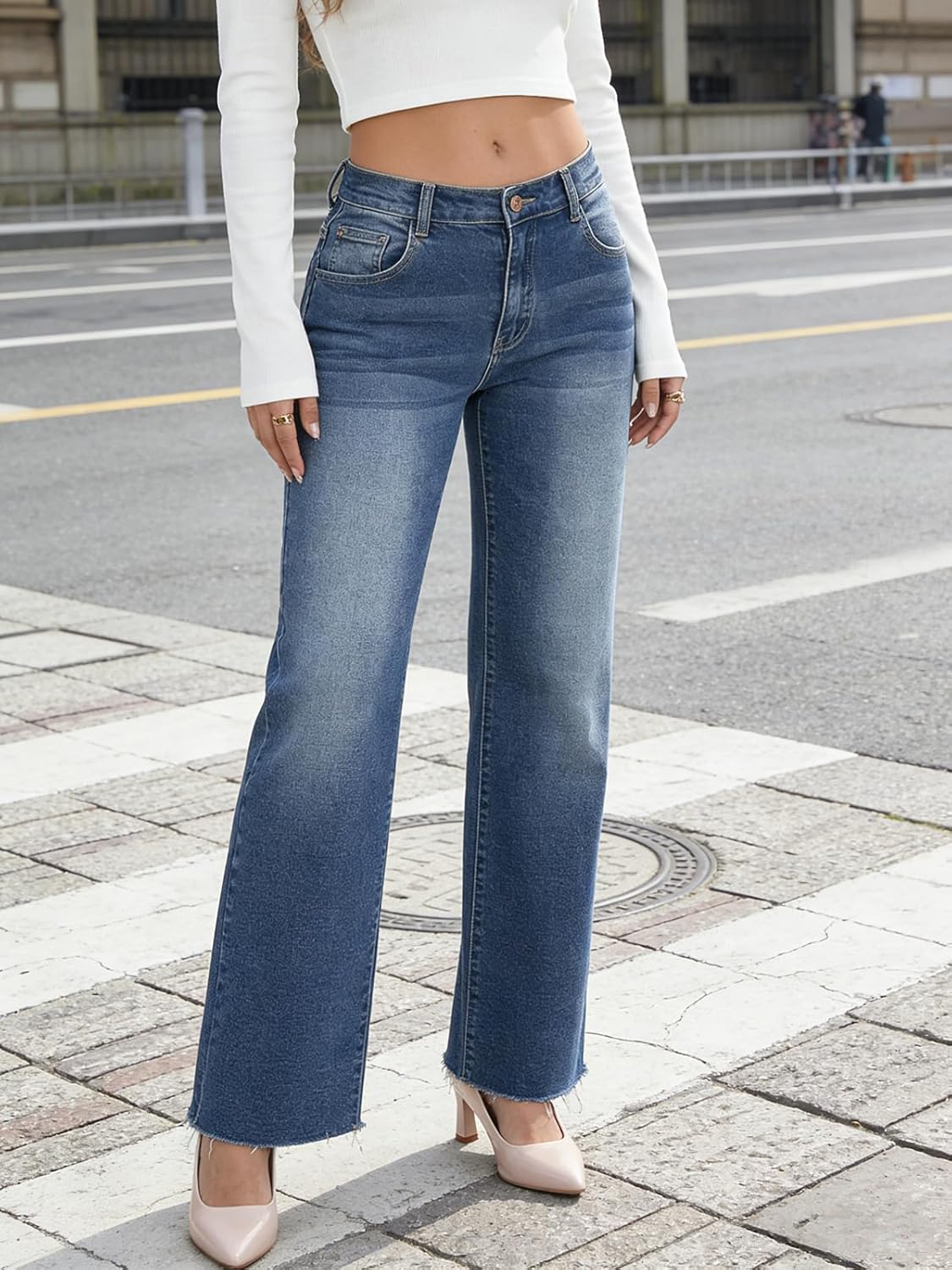 Straight Leg Jeans for Women High Waisted Stretchy Petite Friendly - Washed Fabric ... - Image 3