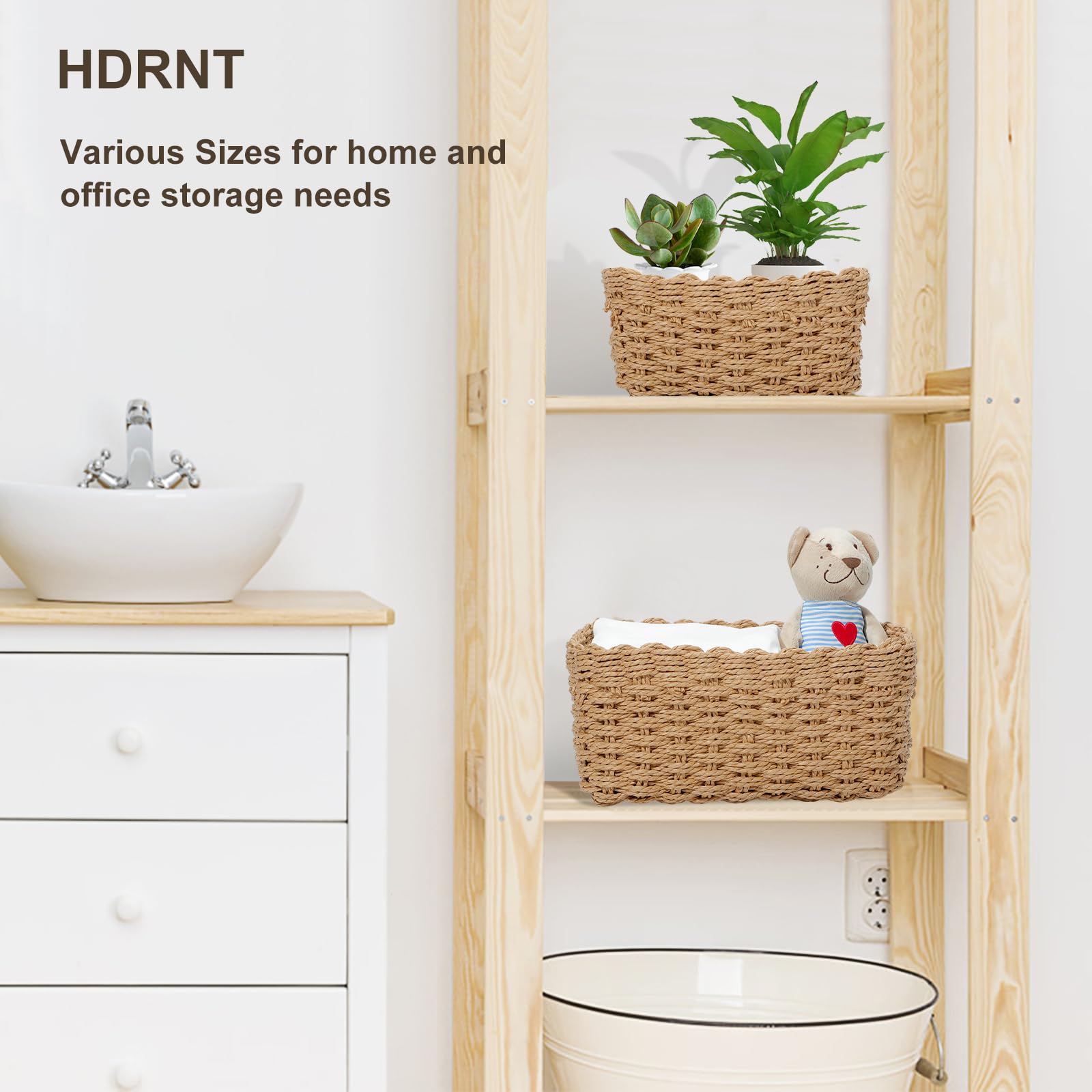 HDRNT Panier Osier Rangement, Salle de Bain Corbeille Enfant Jaune en Papier Bio Écologique Lot de 4 pour Jouets,Câble de charge,Décor Maison,CD, Cosmétique,Langes Coton