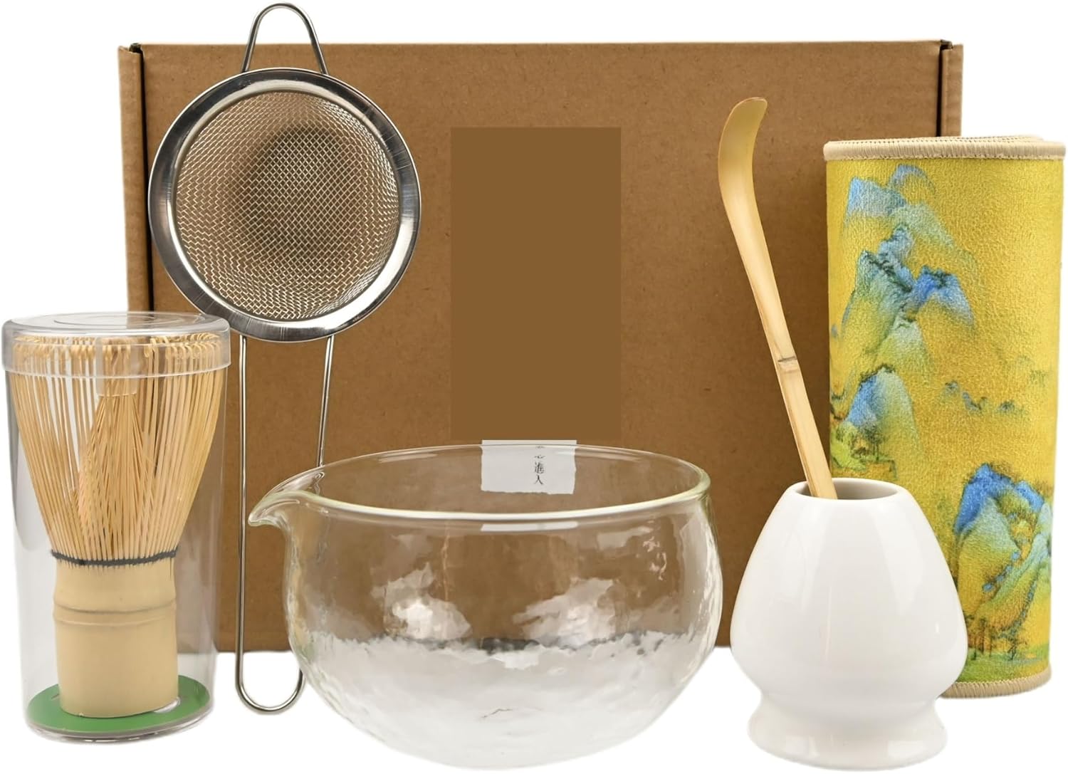 6PCS/Set Matcha Bowl,Cloth, Spoon, Strainer, Tea Whisk(Gradient Yellow)