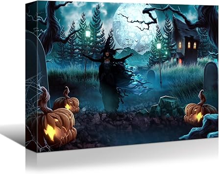 YONICA Halloween Decorations Wall Art - Witch Full Moon Haunted House Black Forest Tombstone Jack-O-Lanterns Wall Painting - Scary Halloween Pictures Prints on Canvas for Living Room 12 "x 16"
