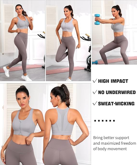 JoyGirl Zip Front Sports Bra for Women High Impact Gym Bra