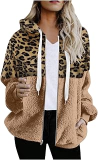 Womens Fleece Jacket Leopard Print Fuzzy Sherpa Jacket Hooded Zip Up Coat Faux Fur Jackets Winter Coats Outerwear