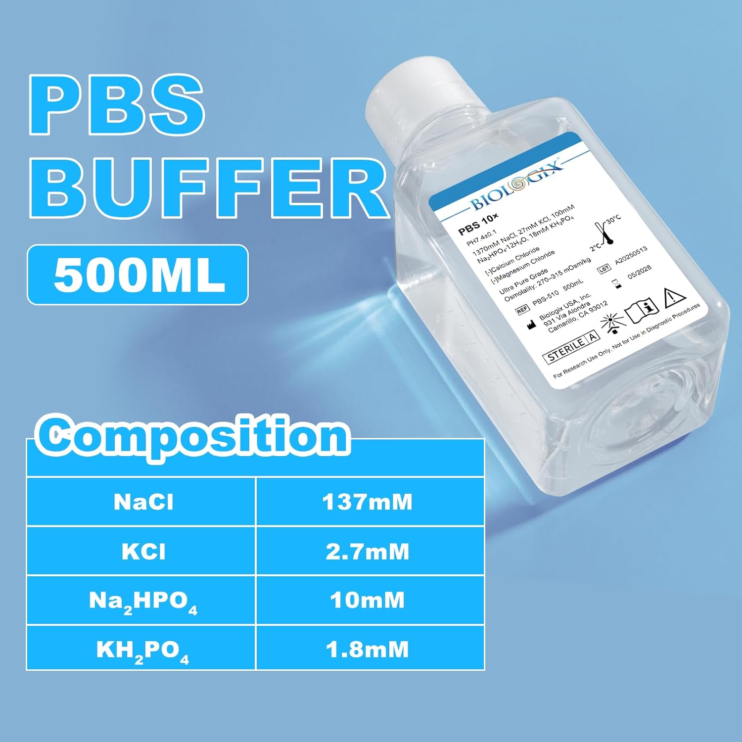 Phosphate Buffered Saline 10X, 500ml PBS Buffer 0.1um Filtration, 7.4pH, Sterilize, 10X Concentrate, Reay to use Buffer for Laboratory, 500ml/Bottle, 10 Bottle/Case