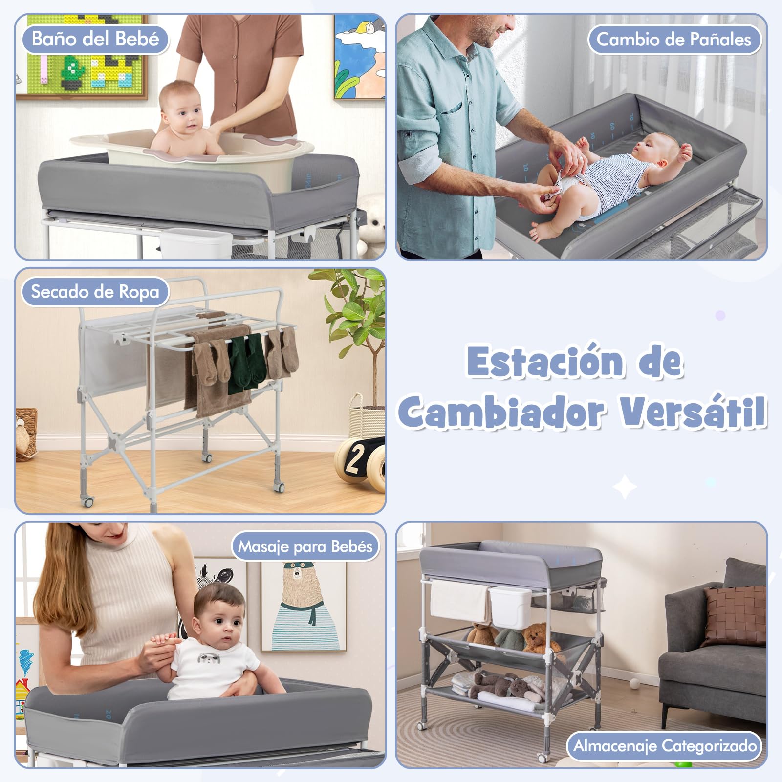 GOPLUS Cambiador Portátil para Bebés, Centro para Cuidado Infantil con Altura Ajustable, Cubierta Impermeable, Estantes y Papelera, Estación Plegable para Pañales con Ruedas (Gris)