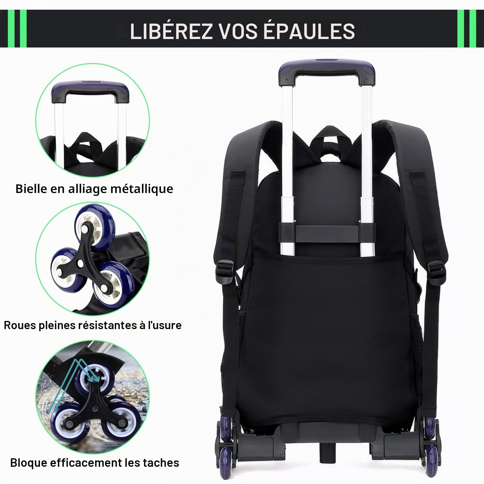 Amythe Sac à Dos à Roulette Garçon, Sac Ecole Trolley Détachable Idéal pour Primaire et Secondaires, Cartable Convient aux adolescents Garçons Filles de 9 à 18 ans, 6 Roues, Noir