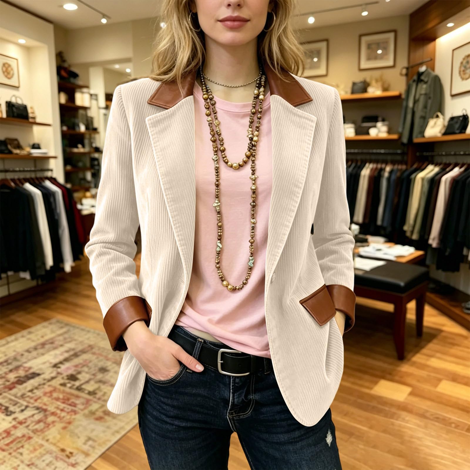 FUPODD Damen-Jacken Elegant Cord Blazer Patchwork Lederjacke Mit Knöpfen