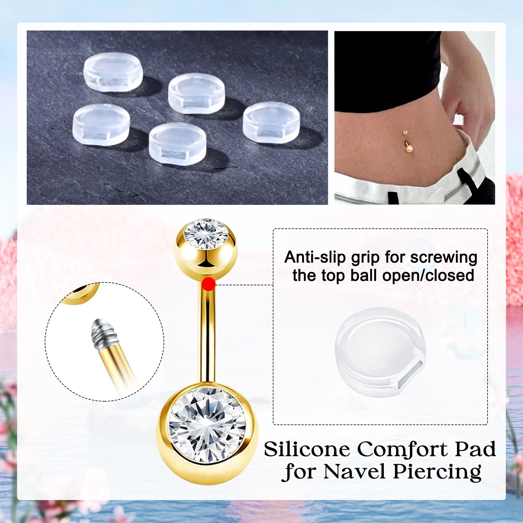 AceFun 2 piezas piercing ombligo acero quirúrgico 6mm-16mm oro plata con fundas silicona antideslizantes CZ rosca exterior