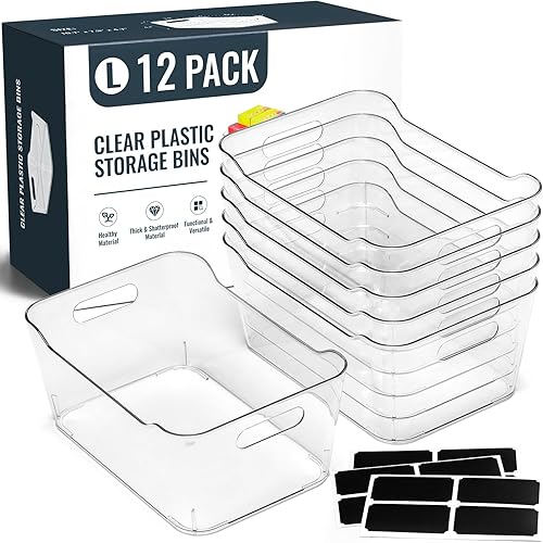Paquete de 12 contenedores de almacenamiento de plástico transparente multiusos para organizar con etiquetas, hogar, cocina, despensa, baño,