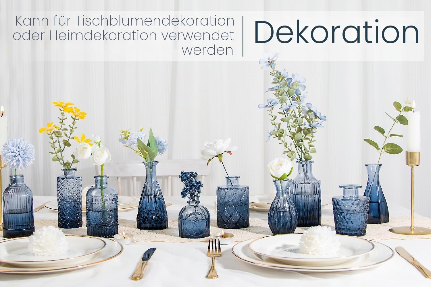 TBWIND 12-teiliges Glasvasen-Set, kleine Vasen für Blumen, blaue Knospenvase für Tafelaufsätze in Großpackung, Mini-Vintage-Vase für rustikale Hochzeitsdekorationen, Büro und Zuhause, Tischdekoration,