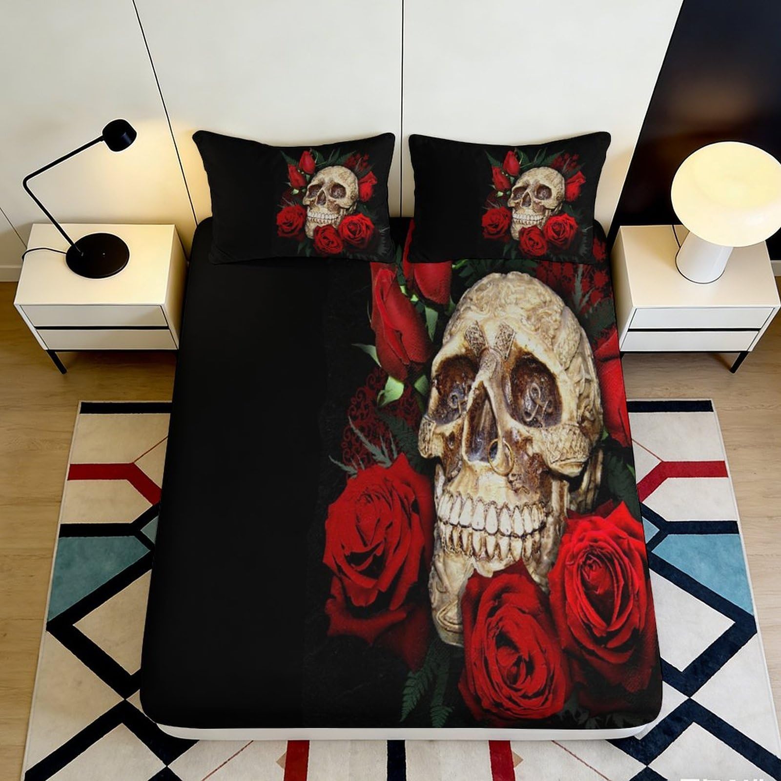 3D Printed Skull Rose Fitted Sheet Microfiber Black Red Bed Cover for Bedroom Dorm Dustproof Easy Care 90x200x25cm