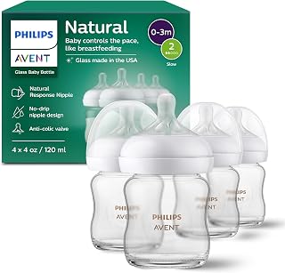 Philips Avent Natural Glass Baby Bottles 4oz 4-Pack with Flow 2 Nipples - Anti-Colic, Breast-Like Feeding