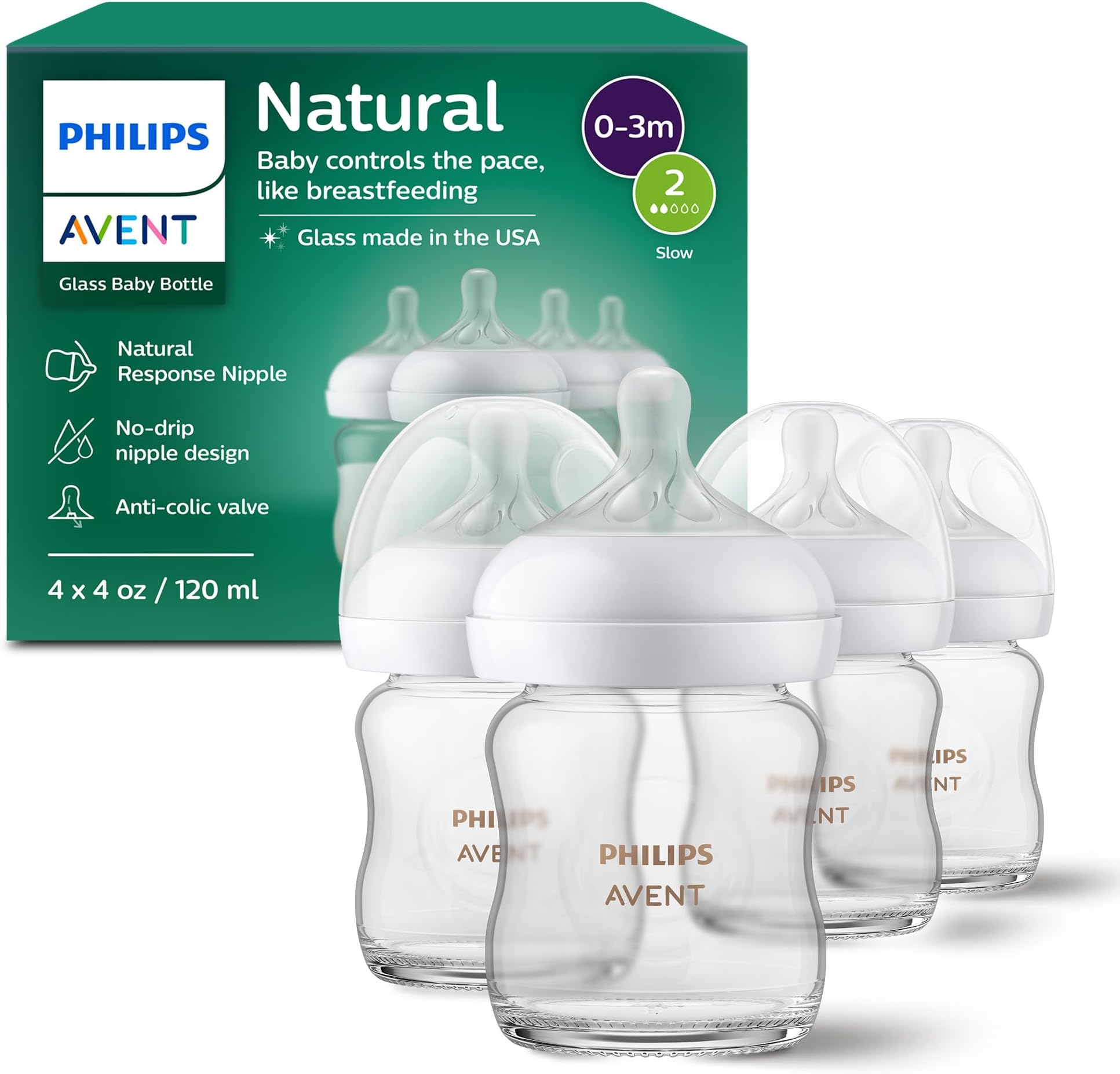 Natural Glass Baby Bottles with Natural Response Nipples (Slow Flow, Flow 2), 4oz, 4-Pack, SCY910/04