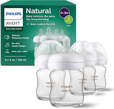 Philips Avent Natural Glass Baby Bottles, Slow Flow, 4 oz, BPA-Free, 4-Pack | Borosilicate Glass,…
