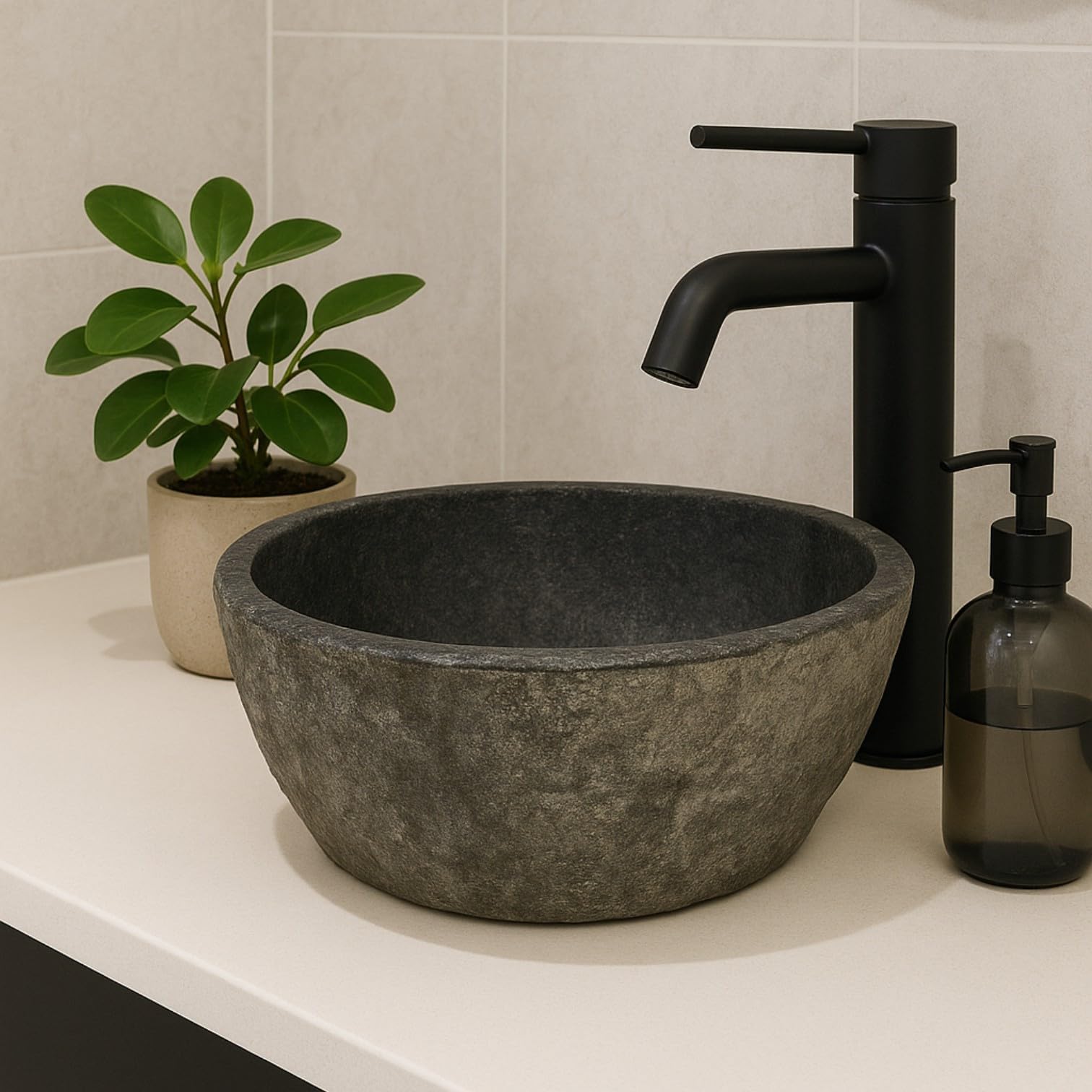 Lavabo Ovale en Pierre de Rivière - Pierre Naturelle - Évier de salle de bain - Vasque à Poser de Toilette - Brillant - Lave-mains moderne (Gris, 30-35x25-30cm)