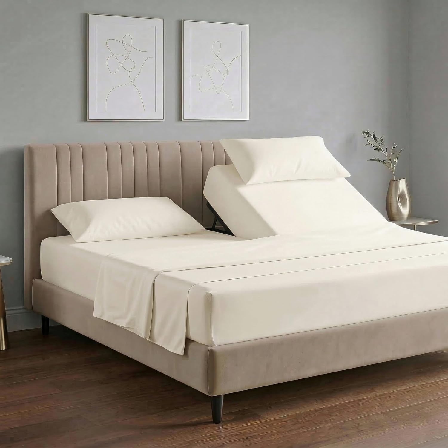 100% Egyptian Cotton 800 Thread Count Split Head King Sheets Sets for Adjustable Bed, 34” Flex Top King, Luxury Hotel Collection Soft Breathable Sateen Weave, 16" Deep Pocket - 4Pc, Light Grey