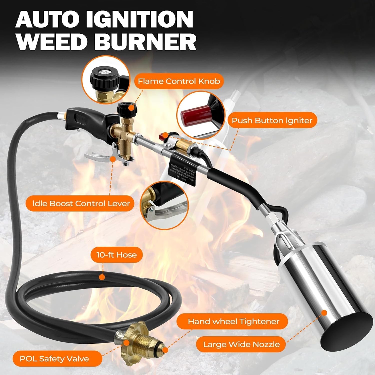 Propane Torch Weed Burner, Weed Torch with 10FT Hose, High Output 2,500,000 BTU Blow Torch with Flame Control and Turbo Trigger Push Button Igniter for Garden,Wood, Snow,Road (Sliver and Black)