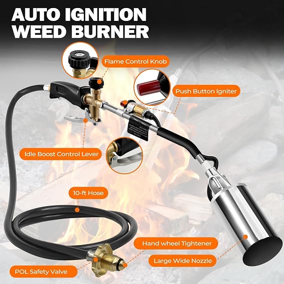 Propane Torch Weed Burner, Weed Torch with 10FT Hose, High Output 2,500,000 BTU Blow Torch with Flame Control and Turbo Trigger Push Button Igniter for Garden,Wood, Snow,Road (Sliver and Black)