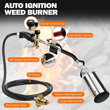 Propane Torch Weed Burner, Weed Torch with 10FT Hose, High Output 2,500,000 BTU Blow Torch with Flame Control and Turbo Trigger Push Button Igniter for Garden,Wood, Snow,Road (Sliver and Black)