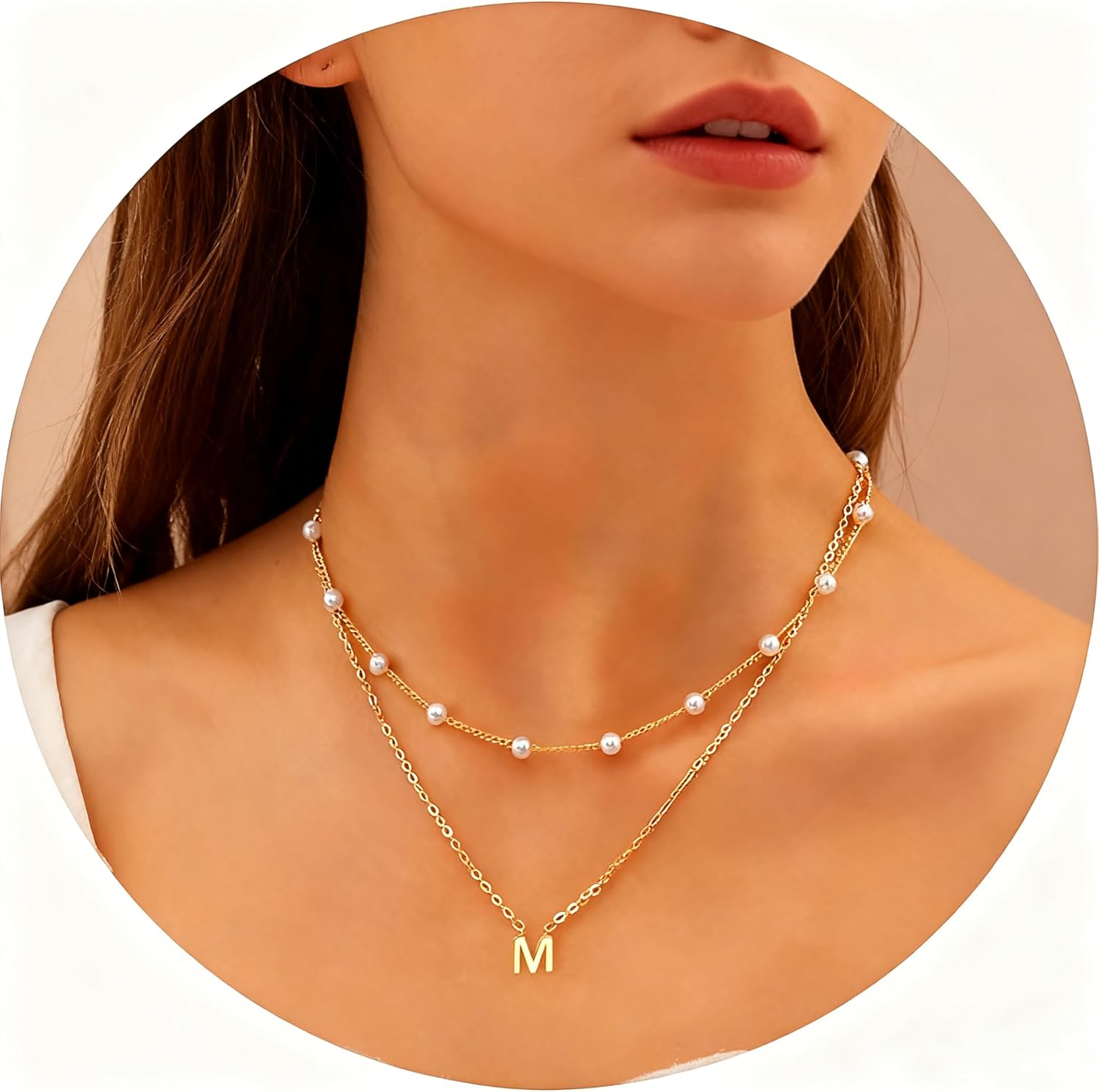 Initial Pearl Necklaces for Women, Dainty Gold Plated A-Z Pendant Letter Choker Layered Necklace for Women - Image 2