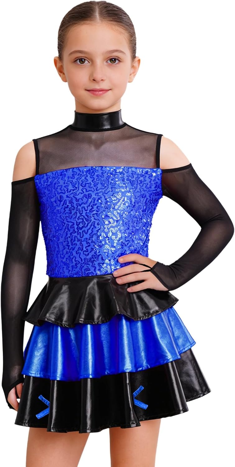 Agoky Kids Girls Sequin Rumba Samba Jazz Dance Dress Long Sleeve Metallic Ruffle Tiered Skirted Leotard Dress