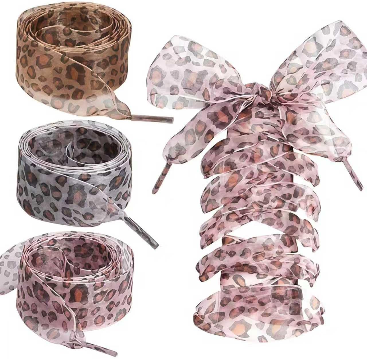 3 Pcs Fashion Leopard Shoe Laces for Womens Sneakers, 4CM Wide Ribbon Shoelaces - White, Pink, and Brown Cheetah Pattern Laces for Women Girls, Perfect for Casual Shoes, Boots, and Sneakers
