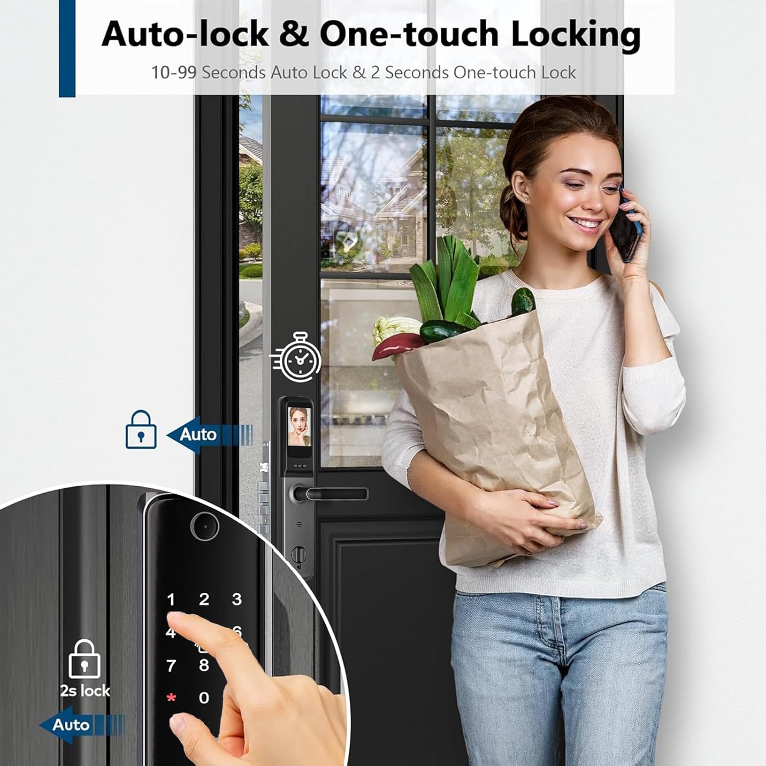Makayuron S07 Smart Door Lock showing auto-lock and one-touch locking features.
