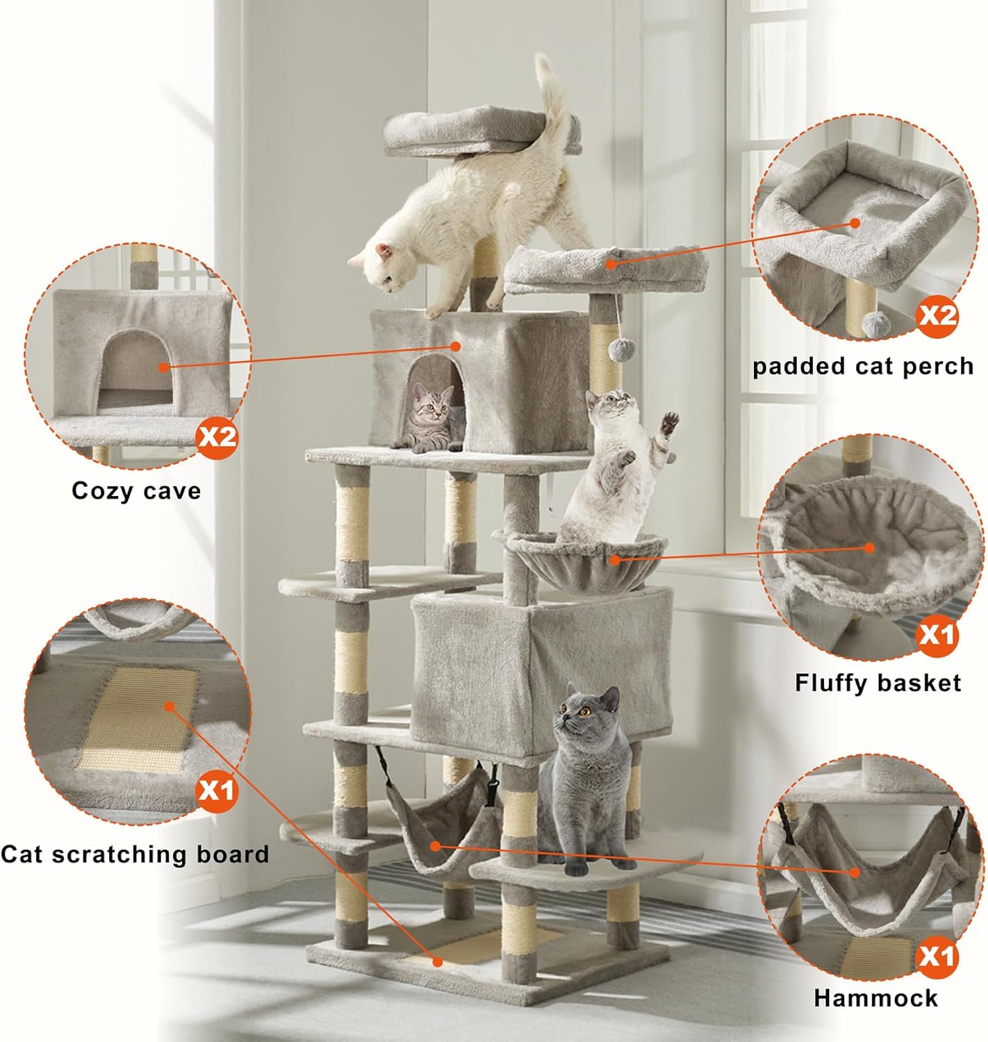 review MDEAM Cat Tree 74 Inch Multi-Level Large Cat Tower with 16 Sisal Scratching Posts,2 Caves,2 Perches,Hammock,Scratching Board,Basket,Cozy Plush Cat Perches for Indoor Large Cats(Light Gray)