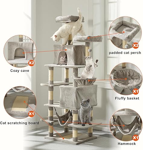 Miniatura 4 de MDEAM Cat Tree - Torre grande de varios niveles para gatos de 74 pulgadas con 16 postes rascadores de sisal, 2 cuevas, 2 perchas, hamaca, tabla de