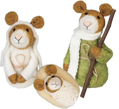 Primitives By Kathy 101075 Mouse Nativity Critter, Set of 3, Brown and White Felt and Wood Figurines