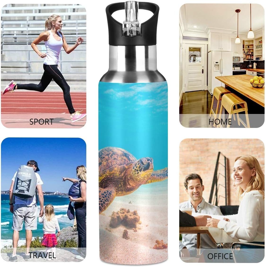 Blueangle 22oz Hawaiian Green Sea Turtle Water Bottle, BPA Free Stainless Steel Water Bottle Leak-Proof Sports Bottle for Camping Workouts Gym and Outdoor Activity