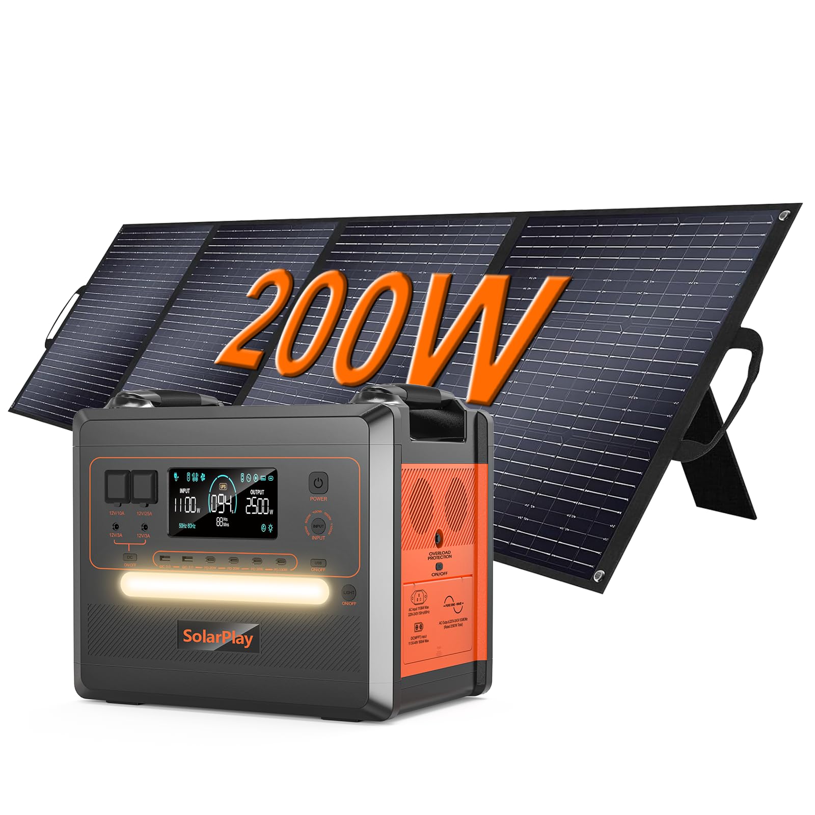 SolarPlay Powerstation mit Solarpanel, 2304 Wh LiFePO4 Batterie-Backup mit 2500W AC Ausgängen (5000W Peak), Power station für Camping, Wohnmobil, Off-Grid