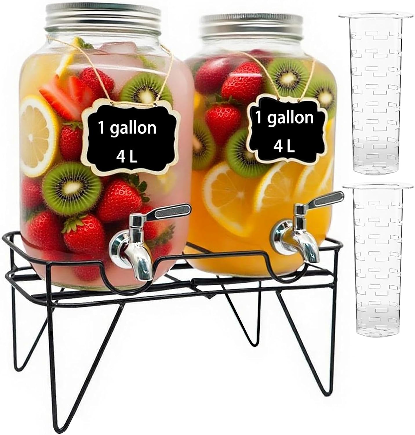 1 Gallon Glass Drink Dispensers For Parties 2PACK, Beverage Dispenser, Glass Drink Dispenser with Stand Stainless Steel Spigot, Lemonade Dispenser for BBQ Picnic, Party