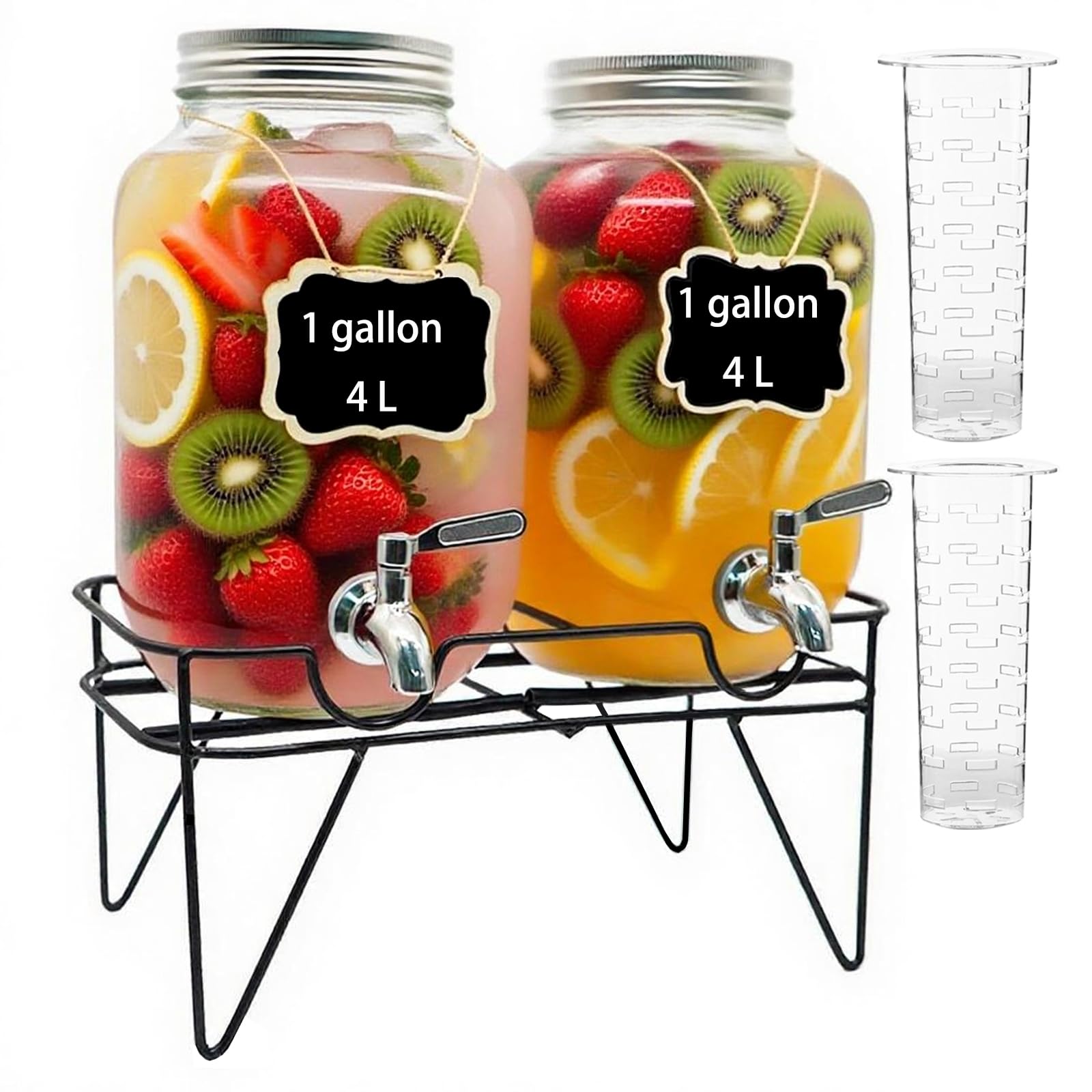 Toowood 2 Pack 4L Glass Drink Dispenser with Tap, Beverage Dispenser, Glass Water Dispenser with Stand Stainless Steel Spigot, Ideal for Parties, BBQ, Picnic, Wedding, Coffee or Lemonade Serving