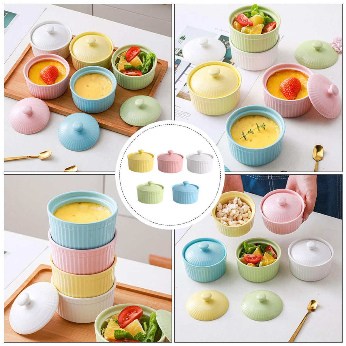 COLLBATH Juego de 5 Tazones de Cerámica para Postres y Pudín con Tapa, Colores Surtidos (,), Aptos para Horno y Microondas, Vajilla Multiusos para Repostería y Cocina Diaria