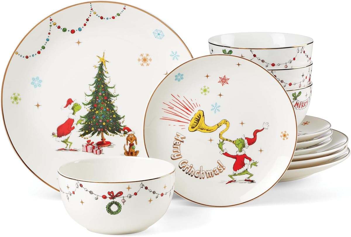 Juego de vajilla navideña de 12 piezas de porcelana Merry Grinchmas para 4 | cerámica, apto para lavavajillas, apto para microondas | juegos de platos y cuencos para cocina y comedor | Placa de 10,75 pulgadas