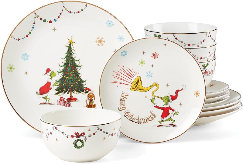Juego de vajilla navideña de 12 piezas de porcelana Merry Grinchmas para 4 | cerámica, apto para lavavajillas, apto para microondas | juegos de platos y cuencos para cocina y comedor | Placa de 10,75 pulgadas