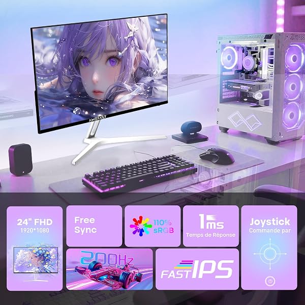Amzfast 24 Pouces Ecran PC Gamer- 200Hz, FHD 1920x1080, Fast IPS Écran, 1ms MPRT, 80% DCI-P3, 110% sRGB, Anti-Lumière Bleue, HDR, Adaptive Sync, VESA 75x75, HDMI 2.0/DP 1.4, Blanc - AMZG24X1W - 2