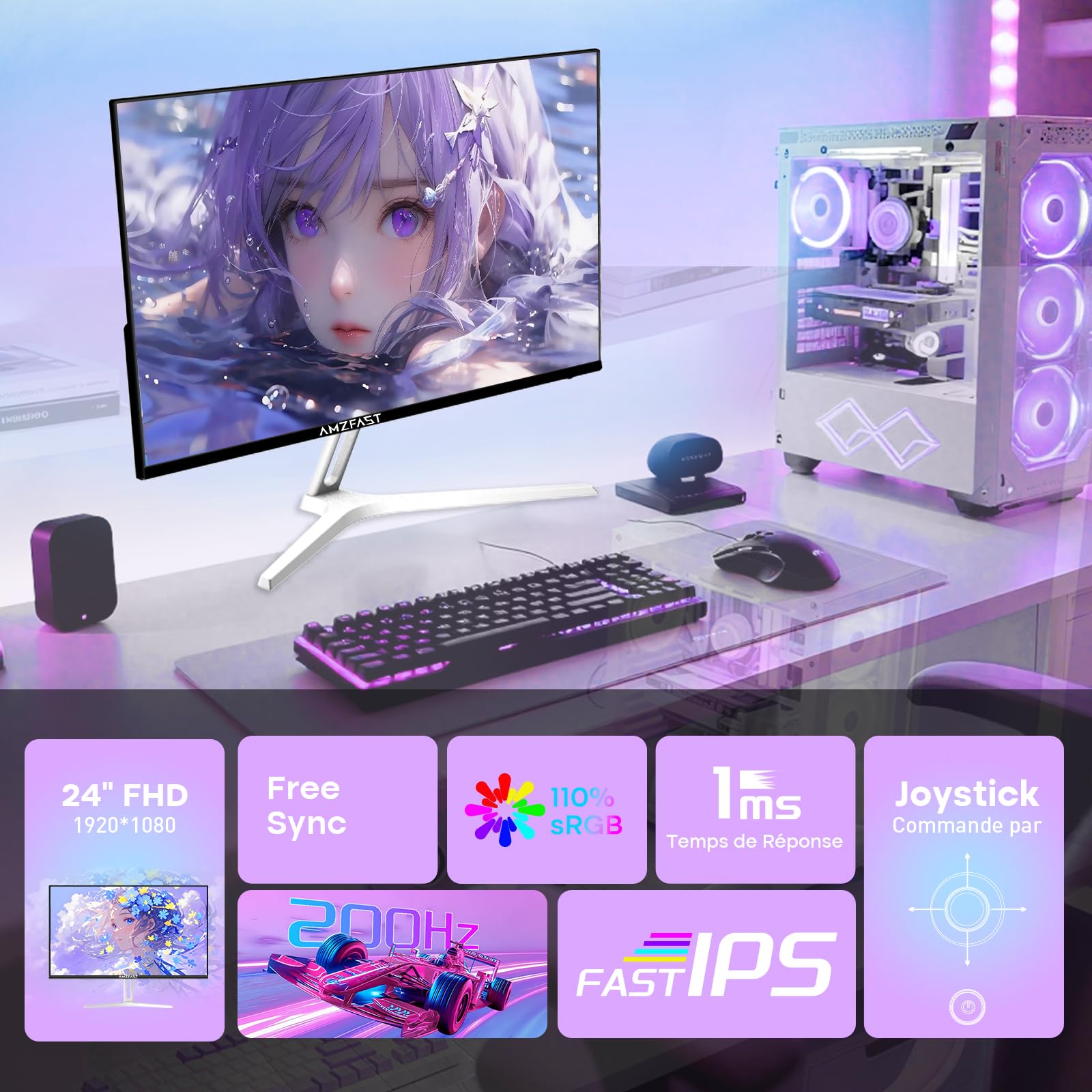 Amzfast Monitor da Gaming 24 Pollici - 200Hz, FHD 1920x1080, Fast IPS, 1ms MPRT, 80% DCI-P3, 110% sRGB, HDR, Anti-Luce Blu, Adaptive Sync, VESA 75x75, HDMI 2.0/DP 1.4, Bianco - AMZG24X1W